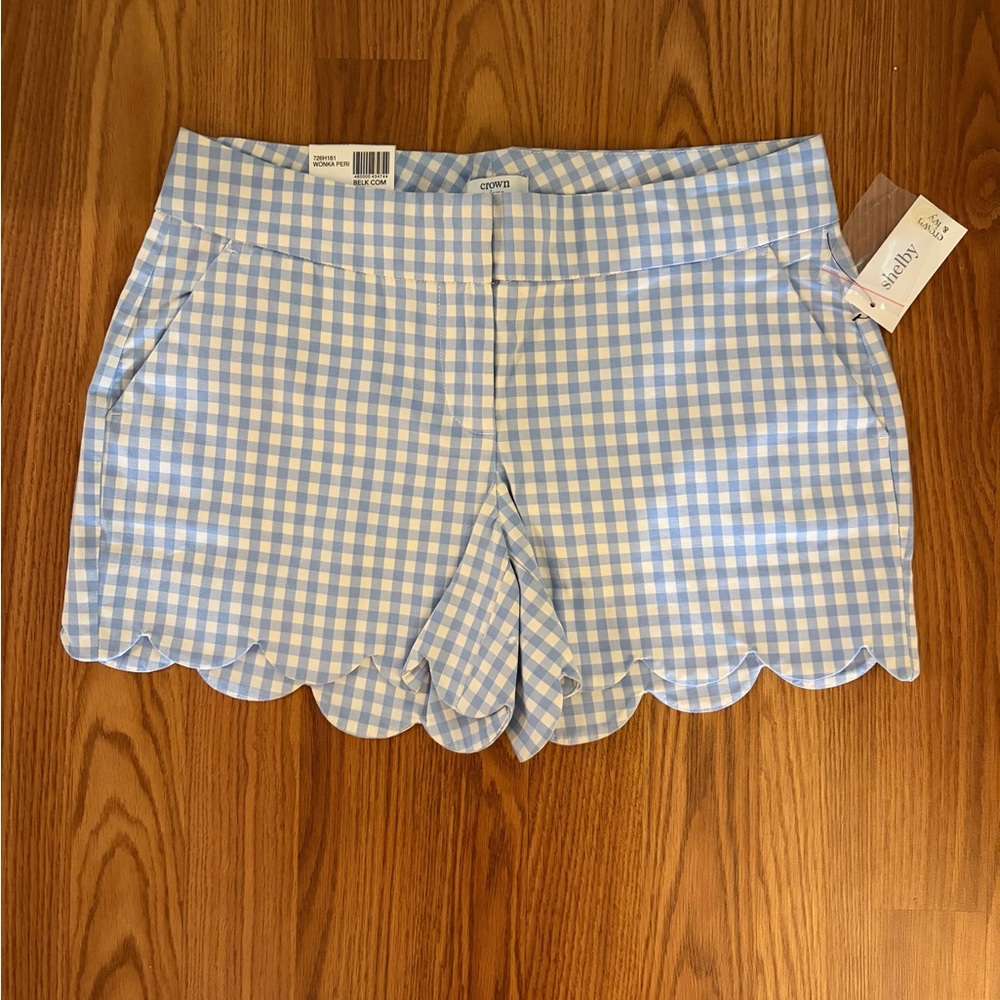 Crown & Ivy Light Blue Gingham Scalloped Shorts